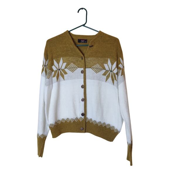 Vintage Puritan Ski Lift Gold Snowflake Fair Isle Knit Cardigan Medium Apres Ski - Picture 1 of 9
